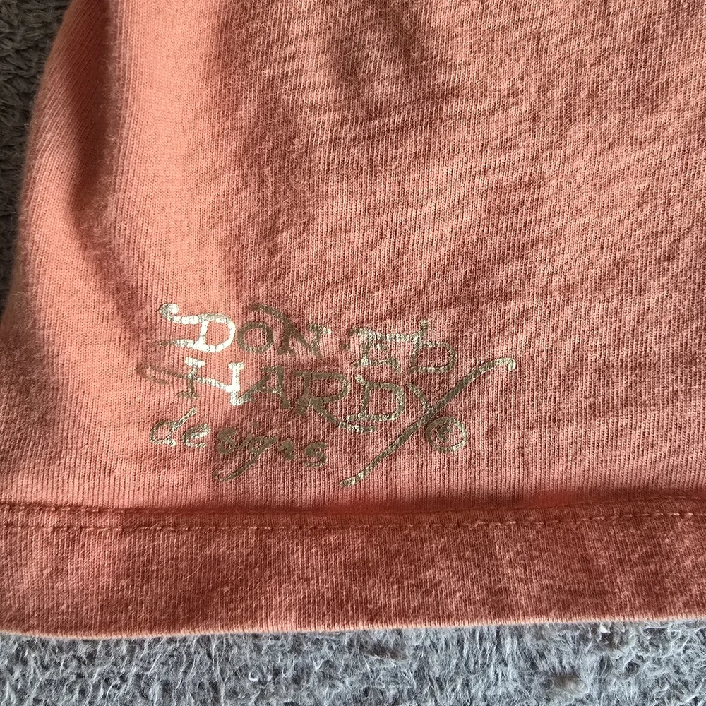 Ed Hardy Coral Pink and Olive Green Long Sleeve Layered Tee - Picture 12 of 14